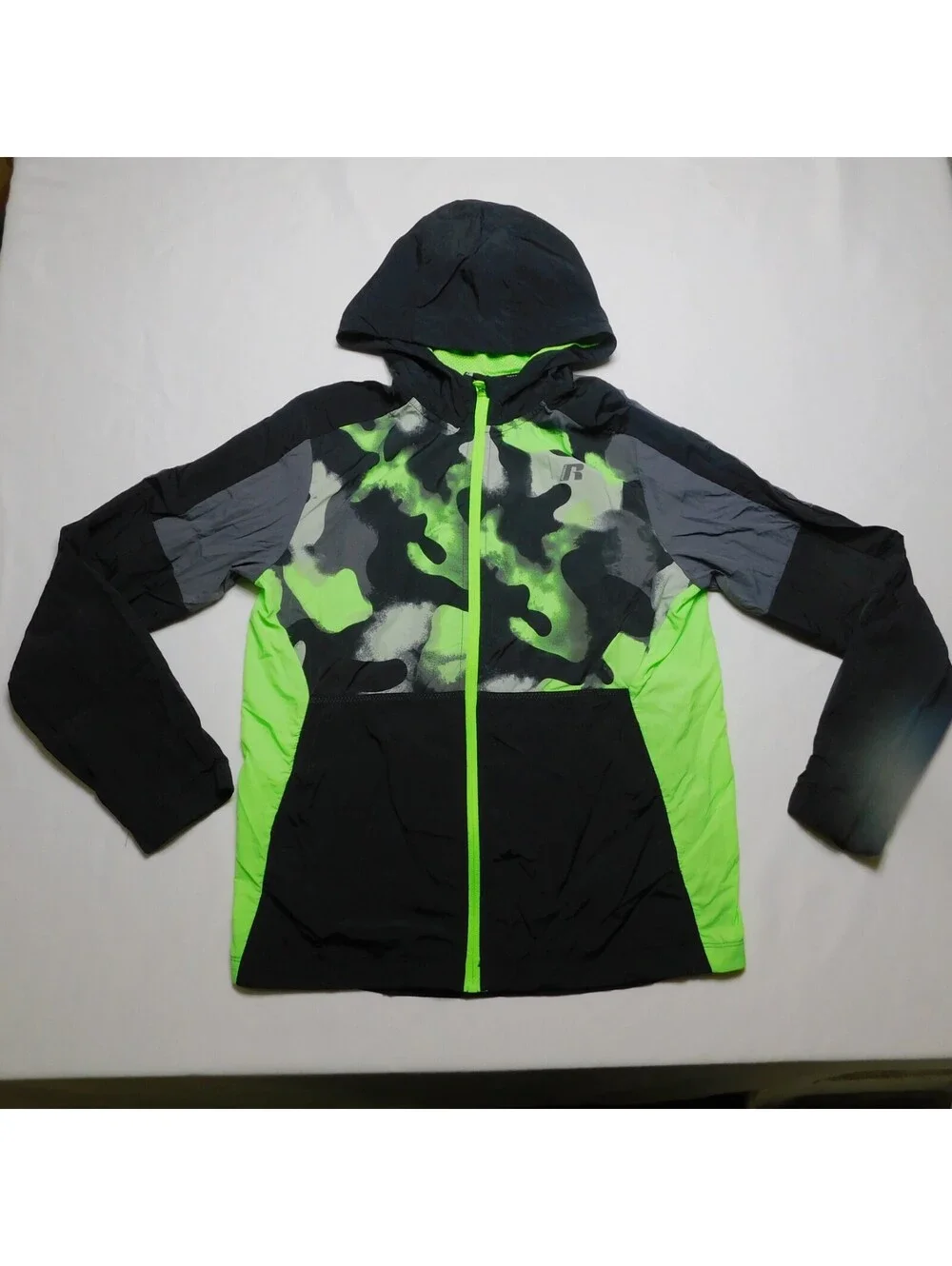 Russell Boys XXL 18 Windbreaker Jacket Camo Lime Green Black Hooded Full Zip Mes